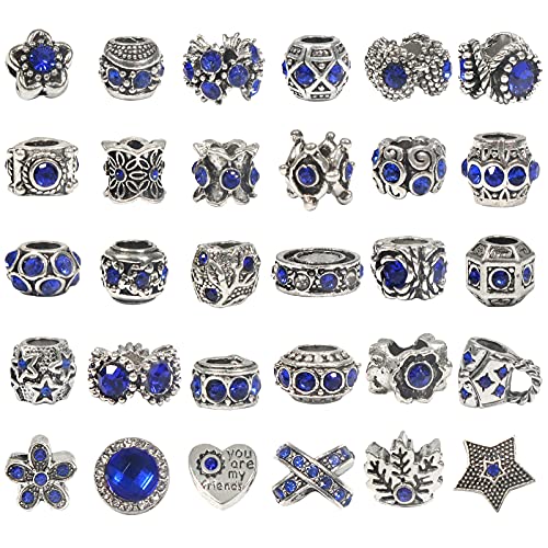 30 Stück Rot Großes Loch Europäische Perlen Antik Silber Metall Strass Rondelle Spacer Charms Perlen Sortimente for Armbänder Halsketten Schmuckherstellung(Deep blue) von AEVQWEZNC