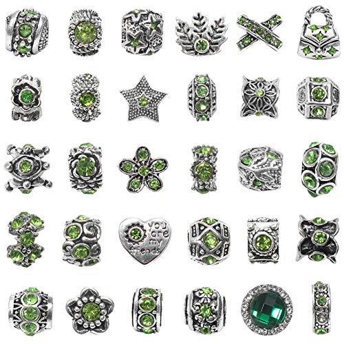 30 Stück Rot Großes Loch Europäische Perlen Antik Silber Metall Strass Rondelle Spacer Charms Perlen Sortimente for Armbänder Halsketten Schmuckherstellung(Green) von AEVQWEZNC