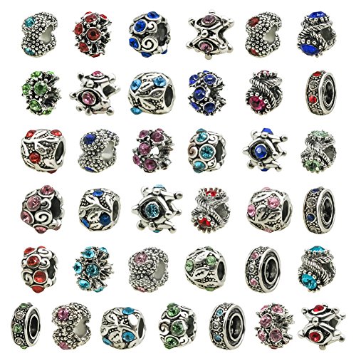 30 Stück Rot Großes Loch Europäische Perlen Antik Silber Metall Strass Rondelle Spacer Charms Perlen Sortimente for Armbänder Halsketten Schmuckherstellung(Multicolor) von AEVQWEZNC