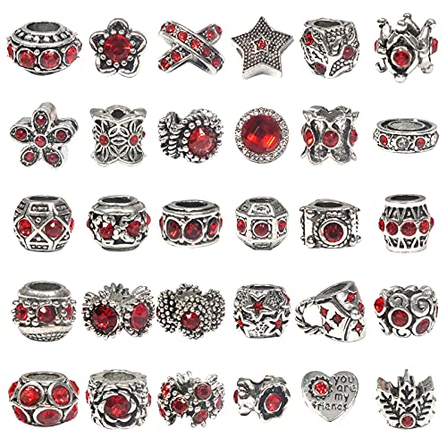 30 Stück Rot Großes Loch Europäische Perlen Antik Silber Metall Strass Rondelle Spacer Charms Perlen Sortimente for Armbänder Halsketten Schmuckherstellung(Red) von AEVQWEZNC