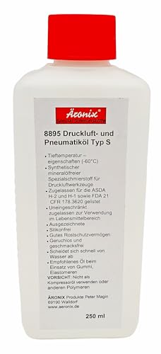 (50€/L) 250ml Äronix ÄROlube 8895 synthetisches Spezial Druckluft Pneumatik Öl synthetisch –69°C, im Lebensmittelbereich anwendbar, zugelassen nach USDA H-2 und H-1, FDA 21 CFR 178.3620 gelistet von Äronix