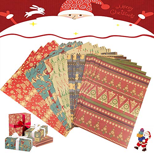 AFASOES 20 Stück Weihnachten Geschenkpapierbogen Geschenkpapier 50 * 70cm Kraftpapier mit 5 Muster Geschenkpapier Geschenkverpackung Papier Geschenke Verpacken Packpapier für Weihnachten Geschenke von AFASOES