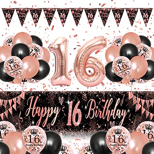 16. Geburtstag Mädchen ● Deko 16 Geburtstag Mädchen mit "Happy Birthday" Banner ● Luftballon 16. Geburtstag Deko ● Geburtstags Deko 16 Jahre Mädchen von AFEIGE