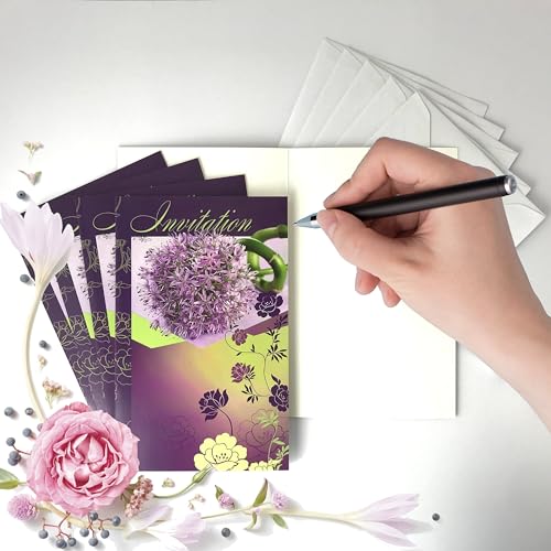 AFIE 5 Einladungskarten mit 5 weißen Umschlägen 9 x 14 cm lila Blumen IV5029 P5 von Afie