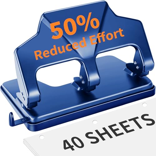 AFMAT Locher, Locher 3 Loch, Stabil und Kräftig für 40 Blatt Locher Groß, Hole Puncher 50% Weniger Kraftaufwand, Büro Loche Metall-Papierlocher für Büro, Schule und Zuhause,Blau von AFMAT
