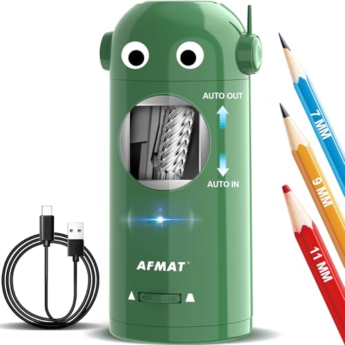AFMAT Vollautomatischer Elektrischer Anspitzer mit Behälter,Elektrischer Spitzer für 7-11,5mm stifte,Tragbar und Sicher,Wiederaufladbarer Elektrischer Bleistiftspitzer für Haus, Büro, Schule,Grün von AFMAT