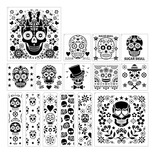 Sugar Skulls Malschablonen – 15 Stück Tag der Toten Blumen-Zuckerschädel, traditionelle Symbole, Muster, DIY-Schablonen, Zeichenschablonen-Set zum Malen, Zeichnen auf Holz, Tisch, Heimdekoration von AFRITEE