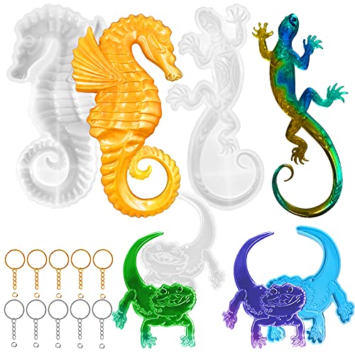 AFUNTA 4 Stück Tierharz-Form, 3D-Silikonharz-Formen, Gecko, Hippocampus, Eidechsenform, Epoxidharz, Schlüsselanhänger-Formen mit 10 Schlüsselringen, für Wandschreibtisch, Schränke Dekoration von AFUNTA