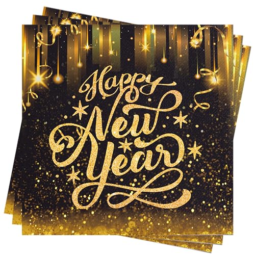 AFYHH Servietten Silvester Tischdeko 40Stück Happy New Year Papierservietten Silvester Deko 33X33cm Schwarz Gold Servietten für Neujahr Party Dekoration von AFYHH