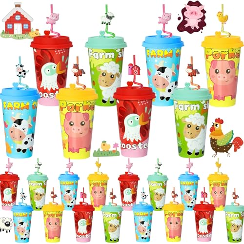 AFZMON 24 Sets Bauernhoftier-Partygeschenke, Goodie-Becher mit Deckel und albernen Strohhalmen, Bauernhof-Geburtstagsdekorationen für Kinder, Barnyard Taschen, Füller, Geschenke von AFZMON