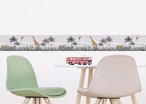 AG Design Selbstklebende Bordüre Jungle, AWBD 8176 | Selbstklebende Kinderzimmer Wand Aufkleber Dekoration | Wandbordüre für Mädchen und Junge | Folie, Mehrfarbig | Breite 500 cm x Höhe 14 cm von AG Design