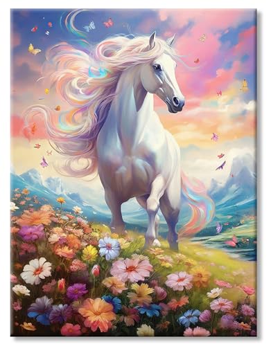AG.AIIEU Malen nach Zahlen kinder und Erwachsene, DIY ab 7 8 9 Handgemalt Ölgemälde Pferde in der Blume - Paint by Numbers Adult Mit - 3 Pinseln und Acrylfarbe knitterfreie leinwand Kit - 40 x50 cm von AG.AIIEU