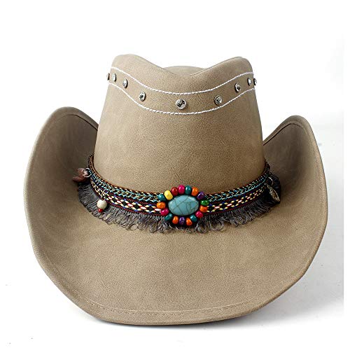 AGHH Cowboyhut Neue Frauen Männer Leder Cowboy Western Cowgirl Fedora Hut Quaste Türkis Perlen Lederband (Color : Tan, Size : 58-59) von AGHH