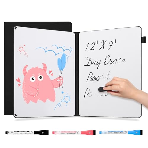 AGM A4 Mini Whiteboard, Kleines Whiteboard, tragbare Schreibtafel mit 3 Farbstiften, Radiergummi und Netztasche für Büro, Arbeitszimmer, Klassenzimmer und Zuhause – Schwarz von AGM