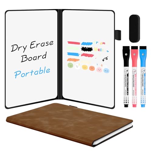 AGM A5 Mini Whiteboard, Kleines Whiteboard, tragbare Schreibtafel mit 3 Farbstiften, Radiergummi und Netzbeutel für Büro, Arbeitszimmer, Klassenzimmer und Zuhause – Braun von AGM
