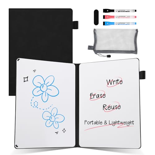 AGM A5 Mini Whiteboard, Kleines Whiteboard, tragbare Schreibtafel mit 3 Farbstiften, Radiergummi und Netzbeutel für Büro, Arbeitszimmer, Klassenzimmer und Zuhause – Schwarz von AGM