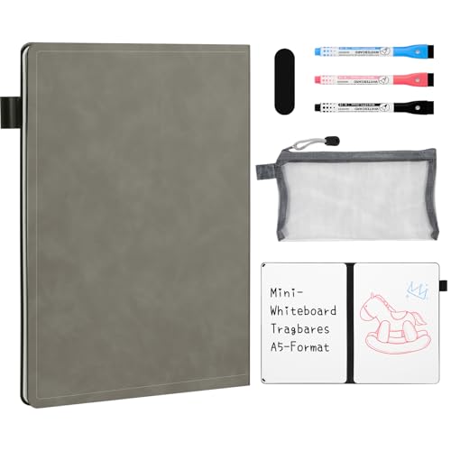 AGM A5 Mini Whiteboard, Kleines Whiteboard， tragbare graue Schreibtafel mit 3 Farbstiften, Radiergummi und Netzbeutel für Büro, Arbeitszimmer, Klassenzimmer und Zuhause – Grau von AGM