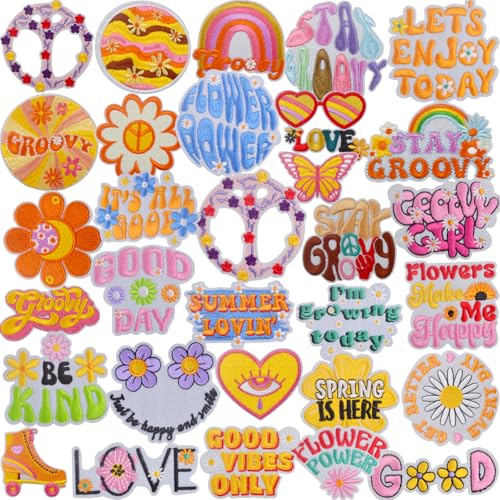 31 Stück Hippie-Patches im groovigen Stil, bestickt, Boho, Blume, Schmetterling, bunte Wörter, zum Aufbügeln oder Aufnähen, Reparaturapplikationen für DIY-Kleidung, Hüte, Jeans, Rucksäcke, dekoratives 31 Stück Hippie-Patches im groovigen Stil, bestickt, Boho, Blume, Schmetterling, bunte Wörter, zum Aufbügeln oder Aufnähen, Reparaturapplikationen für DIY-Kleidung, Hüte, Jeans, Rucksäcke, dekoratives von AGNURCADE