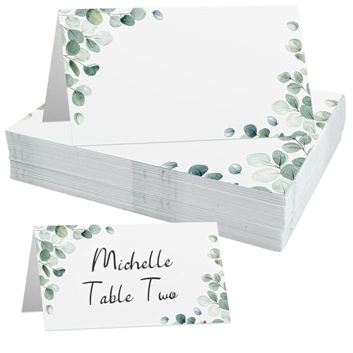 50 Stück tischkarten hochzeit - tischkarten für Sitzordnung und Tischdekoration - Elegantes Design platzkarten für Hochzeit, Beschriften, Taufe, Kommunion und weitere Feiern (Grün Eucalyptus) von AGOISET