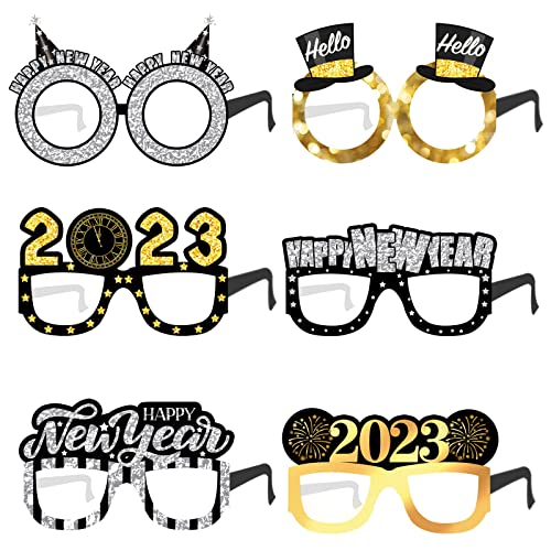 AGONEIR 6 Stück Happy New Year Brillen Fancy New Year Party Brille Foto Booth Requisiten Brille für 2023 Neujahr Party Favor Neujahr Brille Papier von AGONEIR