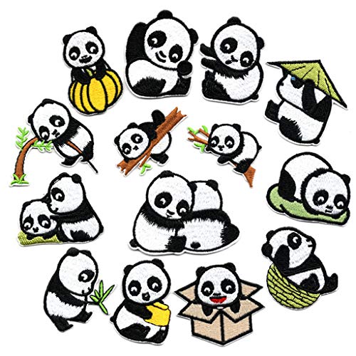 Aufnäher mit niedlichem Panda-Motiv, bestickt, zum Aufnähen oder Aufbügeln, für Kinderkleidung, Rucksack, Applikation, Abzeichen, Dekoration, Punk-Band, 14 Stück von AGONEIR