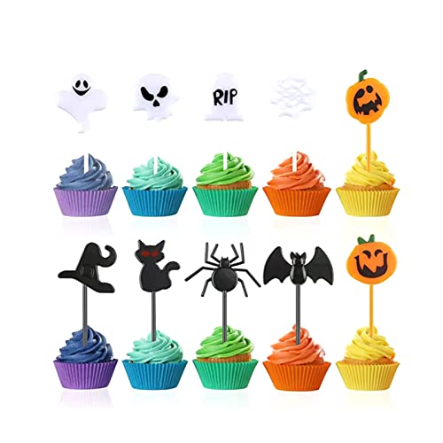 Halloween-Cupcake-Topper, Set mit 10 Verzierungen, Zahnstäbchen für Babyparty, Dessert, Dekoration, Halloween, Cupcake-Topper, Kunststoff von AGONEIR