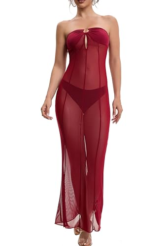 AGOSAK Damen-Maxikleid aus Netzstoff, durchsichtig, trägerlos, durchsichtig, Schlauch-Top, lange Kleider, Club-Party, Burgunder, L von AGOSAK