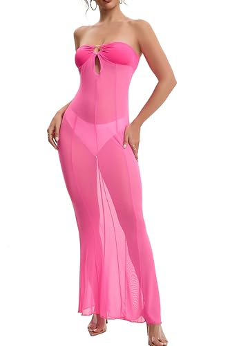 AGOSAK Damen-Maxikleid aus Netzstoff, durchsichtig, trägerlos, durchsichtig, Schlauch-Top, lange Kleider, Club-Party, dunkelrosa, L AGOSAK Damen-Maxikleid aus Netzstoff, durchsichtig, trägerlos, durchsichtig, Schlauch-Top, lange Kleider, Club-Party, dunkelrosa, L von AGOSAK