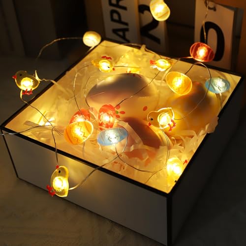AGOTD Lichterkette Ostern, 20er Micro LED Küken Ostereier Lichterkette Batterie Timer, Warmweiß Osterdeko Lichterkette Außen Innen für Tisch deko Osterkörbchen Oster Deko von AGOTD