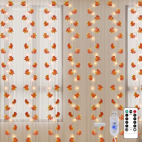 Lichtervorhang Innen 2x2m, Ahornblatt mit 200 LEDs Herbst Ahornblatt Künstlich Lichterkette Vorhang Wasserdicht 8 Modi, USB Fake Lichterketten für Hochzeit Fenster Wand Party Weihnachten Schlafzimmer von AGOTD