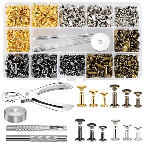 AGSYFFD 360pcs Leder Nieten Set, Doppelkappe Metall Leder Nieten, 4 Farben, 12mm 8mm 6mm Nieten, 4 Stück Fitting Tool Set mit Lochzange für DIY Handwerk Reparatur und dekorative Kleidung von AGSYFFD