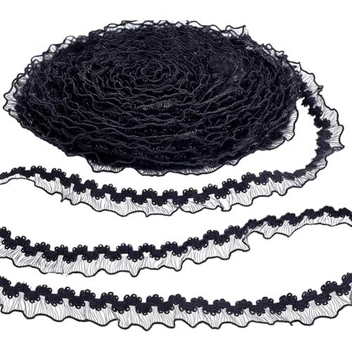 AHANDMAKER (91)27cm Elastischer Spitzenbesatz Mit Rüschen 0.6(1) cm Breit Dehnbar Schmaler Rand Spitzenband Gerüschter Plissierter Stoffbesatz Zum Nähen von Kleidern Kleidung DIY Basteln Schwarz von AHANDMAKER