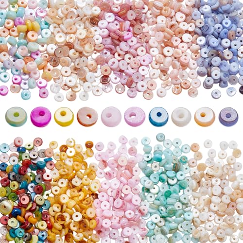 AHANDMAKER 10 Farbe 1000 Stück 4mm Natürliche Muschelperlen Flach Rund Lose Scheiben Abstandsperlen Hawaii Stil Gefärbte Muschel Sommer Accessoires Für Strandhochzeiten DIY Herstellung von AHANDMAKER
