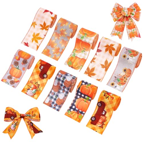 AHANDMAKER 10 Rolle 2.2 Yards Herbstband Mit Drahtkante Erntedankfest Thema Leinenbänder Rustikales Sackleinenband Mit Herbsternte Zum Nähen Dekorieren Und Verpacken von Geschenken von AHANDMAKER