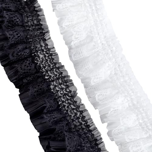 AHANDMAKER 10 Yards Wunderschöner Elastischer Rüschenbesatz 2 Lagiges Plissiertes Spitzenband Mit Blumenmuster 3 Zoll Dehnbare Spitze Zum Nähen von DIY Kleidermanschettenblusen (Schwarz Weiß) von AHANDMAKER