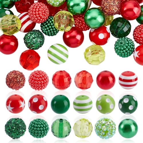 AHANDMAKER 100 Stück Strass Kaugummiperlen Grün Rote Klobige Perlen Bunte Weihnachtsperlen Zur Schmuckherstellung DIY Armbänder Halsketten Ohrringe Basteln von AHANDMAKER