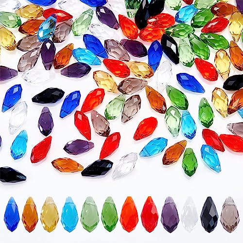 AHANDMAKER 100 Stück facettierte Tropfenglasperlen, 10 Farben, transparent, Wassertropfen, Kristallglas, Tropfen-Abstandshalter für Bastelarbeiten, Schmuckherstellung, Loch: 1 mm von AHANDMAKER