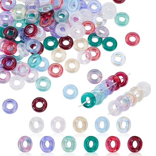 AHANDMAKER 110 Stück Kristallglas Donut Ring Charm Perlen 11 Farben Hohl Kreisförmig Flach Rund Glasperlen 10mm Donut Europäische Perle Große Lochperle Zur Schmuckherstellung von AHANDMAKER