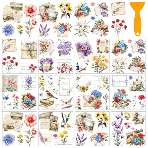 AHANDMAKER 12 Blatt Blumen Transferaufkleber Zum Aufreiben Mit Schaber Retro Blumen Sticker Mit Postkarte Für Buchhandlung Studierzimmer Fensterdekoration 5.5x5.5" von AHANDMAKER