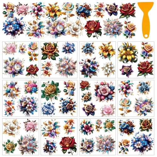 AHANDMAKER 12 Blatt Florale Rub On Transferaufkleber 3D Kristallblumen Fensterdekoration Möbelaufkleber Für Zuhause Schule Büro Dekoration DIY Bastelbedarf von AHANDMAKER