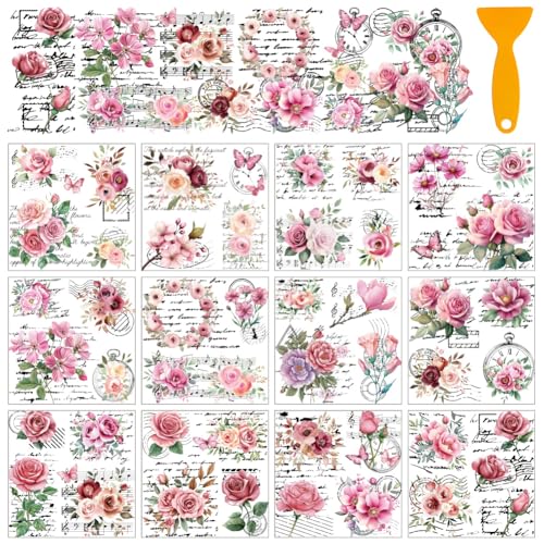 AHANDMAKER 12 Blatt Rubbel Transferaufkleber Mit Schaber Vintage Blumenaufkleber Mit Rosa Blumen Für Buchhandlung Studierzimmer Fensterdekoration 5.5x5.5" AHANDMAKER 12 Blatt Rubbel Transferaufkleber Mit Schaber Vintage Blumenaufkleber Mit Rosa Blumen Für Buchhandlung Studierzimmer Fensterdekoration 5.5x5.5" von AHANDMAKER