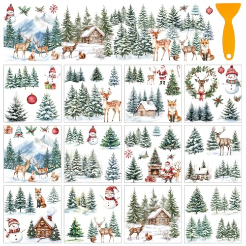 AHANDMAKER 12 Blatt Weihnachts Transferaufkleber Zum Aufreiben Schneemann Hirsch Fensteraufkleber Möbelaufkleber Für Zuhause Schule Büro Dekoration DIY Bastelbedarf 5.5x5.5" von AHANDMAKER