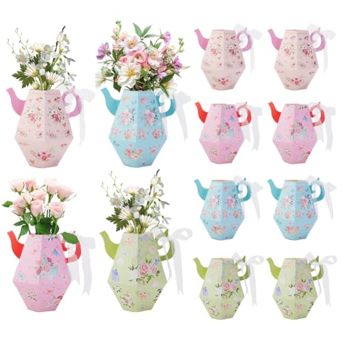 AHANDMAKER 12 Stück 4 Farbige Teekannenboxen Mit Blumenmuster Teeparty Dekorationen Teekannenförmige Blumenboxen Für Tische Tafelaufsätze Vase Tee Motto Geburtstag Hochzeitsfeier von AHANDMAKER