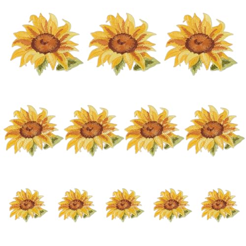 AHANDMAKER 12 Stück Sonnenblumen Stickerei Aufnäher In 3 Größen Applikation Zum Aufnähen Und Aufbügeln Kleidungsabzeichen Zum Verstecken von Schäden Zum Reparieren von Kleidung Rucksäcken von AHANDMAKER