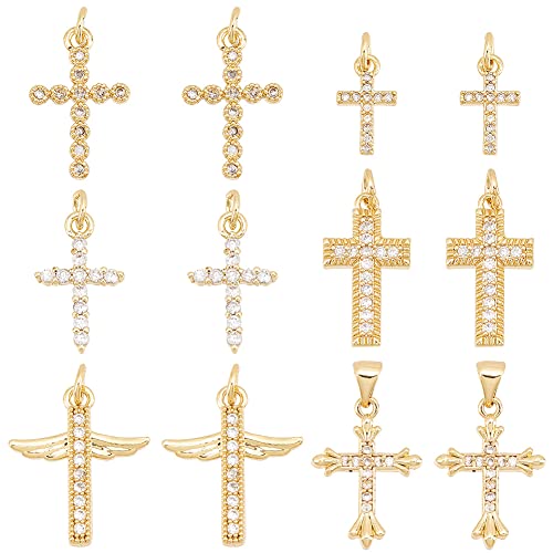 AHANDMAKER 12 Stück Zirkonia-Kreuz-Anhänger, 6 Styles Messing Micro Pave Cross Wing Echt 18K Vergoldet Kreuz Charms Anhänger Für DIY Armband Halskette Schmuckherstellung von AHANDMAKER