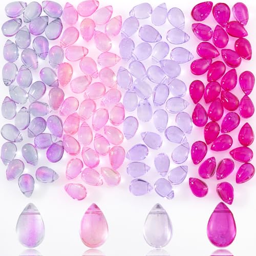 AHANDMAKER 120 STK Teardrop Tschechische Glasperlen, 4 Farben Transparente Kristallperlen Mit Glitzer Goldpulver Wassertropfen Lose Anhänger Perlen Für DIY Halskette Ohrring Armband, Pink&Lila von AHANDMAKER