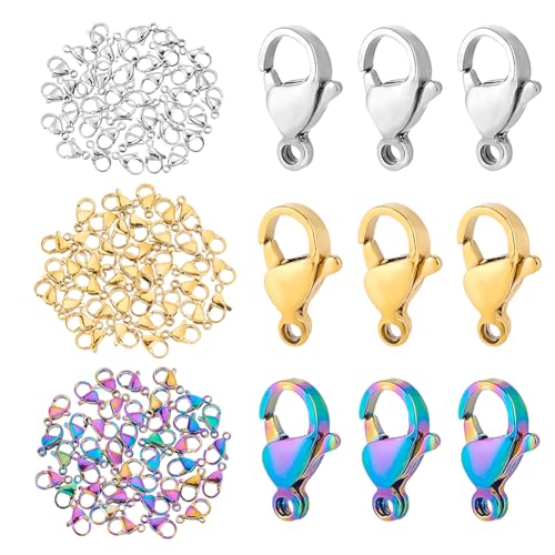 AHANDMAKER 120 Stück Hummerkrallenverschlüsse 3 Farben Edelstahl Schmuck Karabinerverschlüsse Regenbogenfarbener Verschlusshaken Zur Herstellung von DIY Schmuckstücken 12x7mm von AHANDMAKER