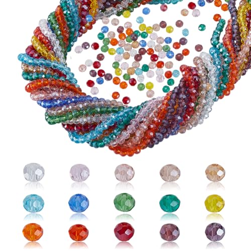 AHANDMAKER 15 Farben Facettierte Kristallglasperlen 15 Strang Perlenglanzplattierte Rondell Briolett Abstandshalterperlen Zur Schmuckherstellung (4mm 1695 Stück) von AHANDMAKER
