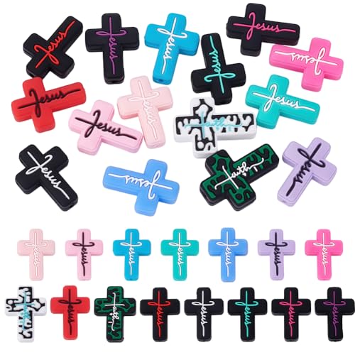 AHANDMAKER 15 Stück Kreuz Fokal Silikon Kreuz Perlen 15 Farben Glaube Flache Lose Abstandsperlen Für Perlenstift Schlüsselanhänger Halskette Armband Schmuckherstellung DIY Basteln von AHANDMAKER