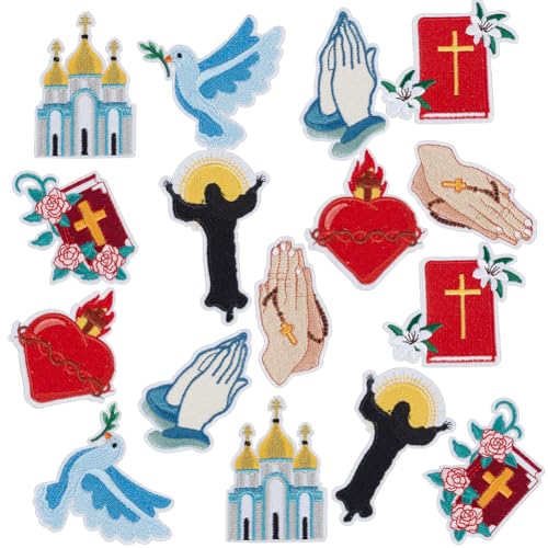 AHANDMAKER 16 Stück 8 Stile Glaubenspatches Selbstklebende Bibel Thema Betende Hände Kreuz Patches Stickerei Stoffpatches Für Kleidung Jacken Rucksäcke Dekorationen von AHANDMAKER